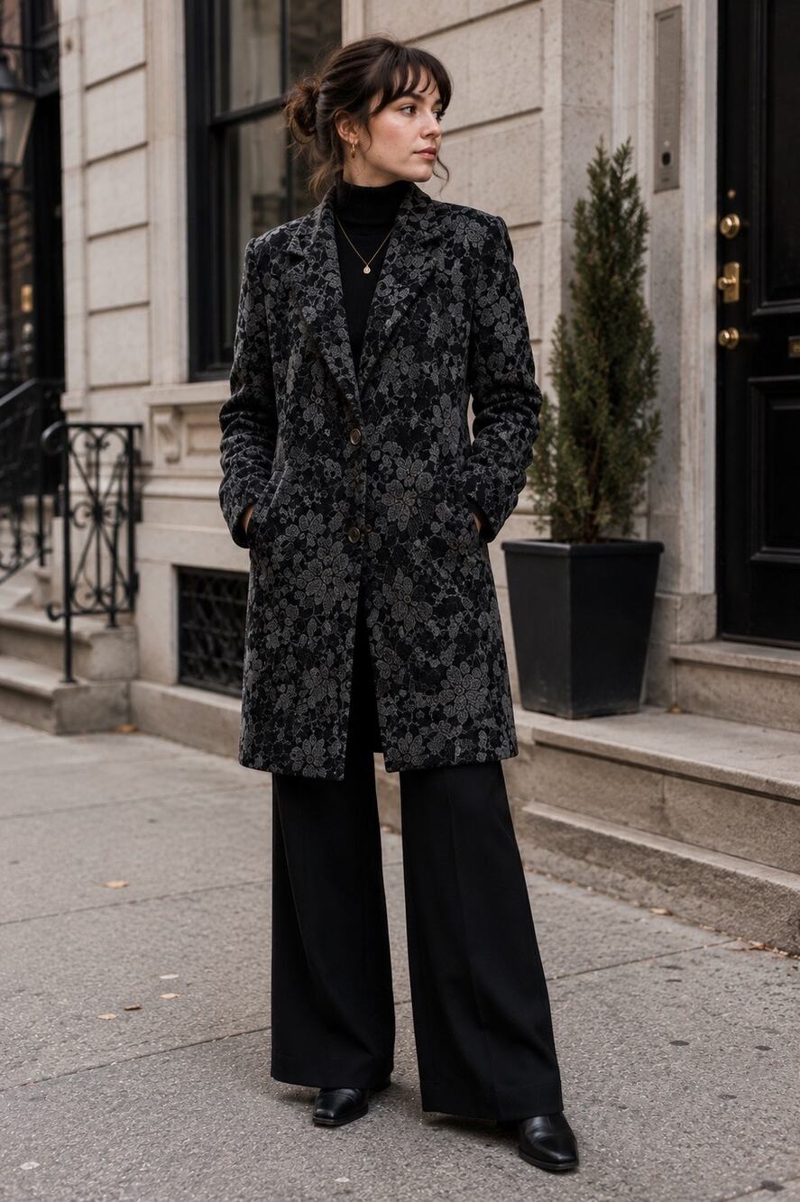 Vintage Wool Blend Floral Long Coat Womens Sz M Made in Canada 80s 90s Academia